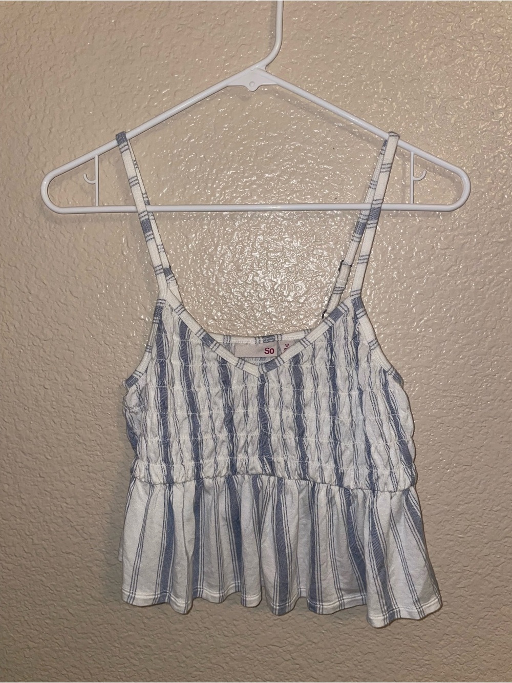 White and Blue Striped Smocked Peplum Camisole